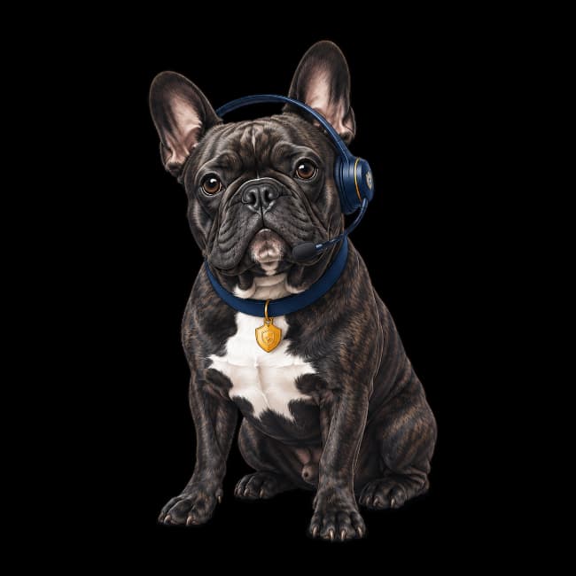 Frenchie the French bulldog wearing a headset
