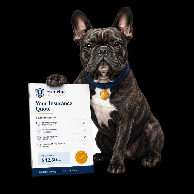 Frenchie the French bulldog beside a sample insurance quote
