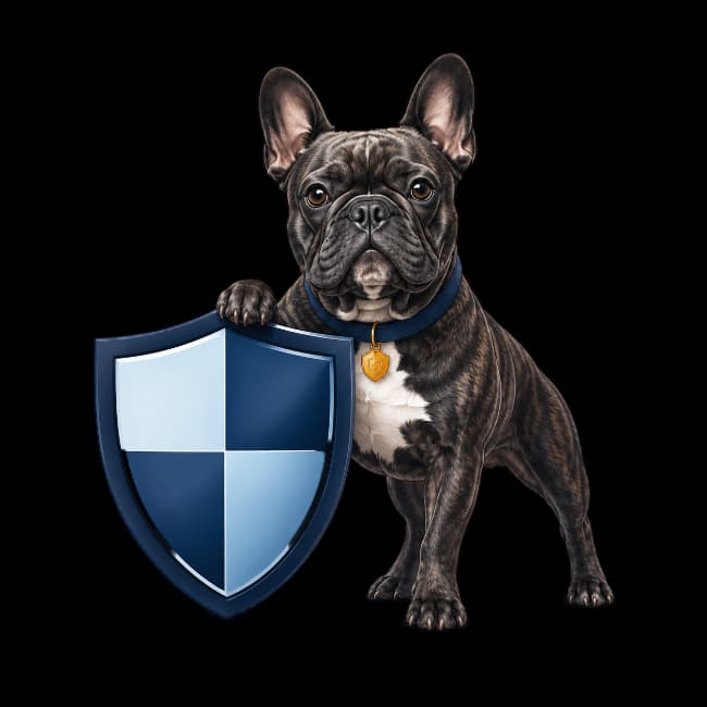 Frenchie the French bulldog holding a protection shield